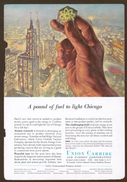 Vintage 1957 Union Carbide Magazine Print Ad. Atomic Electricity Fuel Carbon