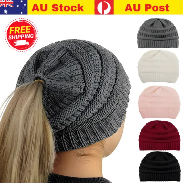 Womens Girls Winter Knitted Pony Tail Beanie Cap Stretch Comfy Hair Ponytail Hat