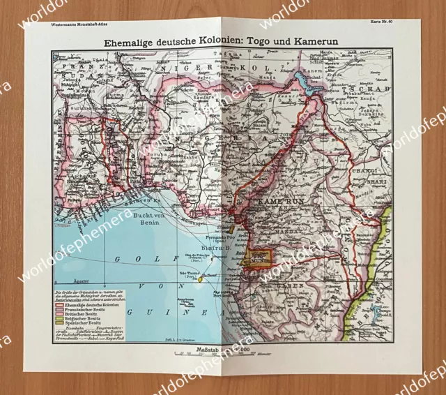 Ehemalige deutsche Kolonien  Togo und Kamerun Landkarte 1934