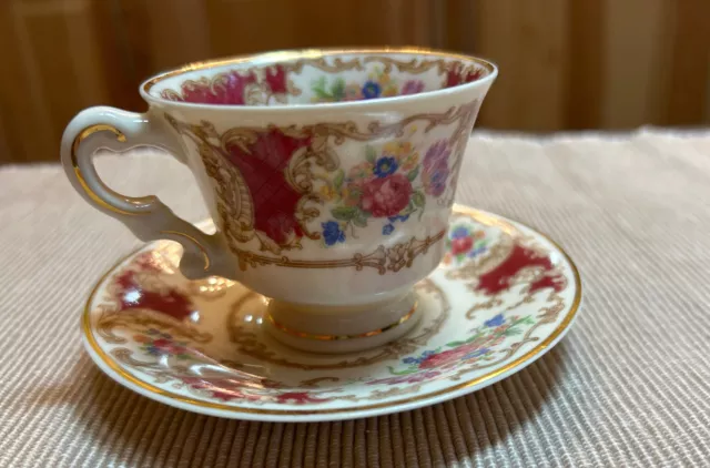 Old Ivory Syracuse China Romance Maroon Footed Demitasse Cup And Saucer Set