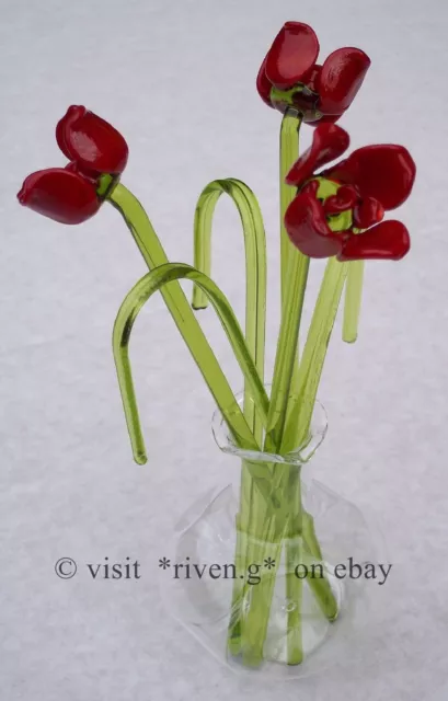 RED ROSES x 3@GRASS@Vase@Unique Glass Gift Set@Permanent@BUNCH of dried flowers