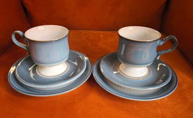 Denby Blue Castile Design Tea Trio x 2, Side Plates, Saucers & Tea / Coffee Cups