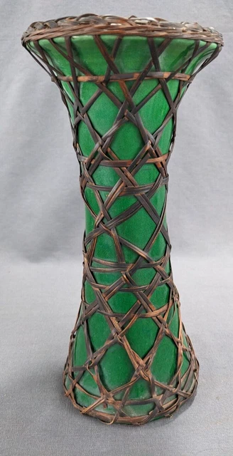 Gorgeous Antique Awaji Green Glazed Japanese Vase Rattan Weaving 9 1/2"H