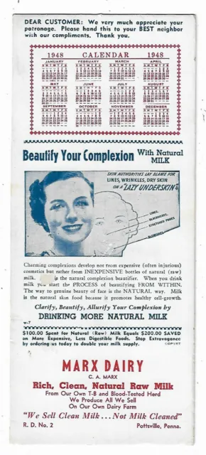1948 Advertising Premium Blotter MARX DAIRY Natural Raw Milk Pottsville PA