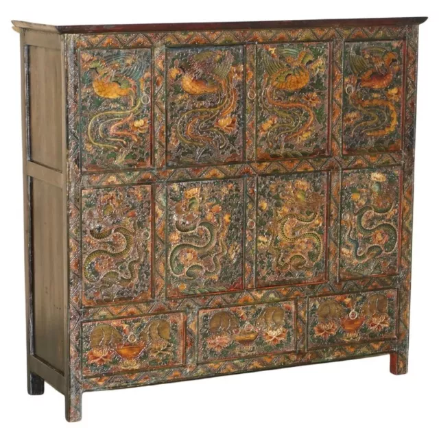 Fine Antique Chinese Dragon Tibetan Polychrome Painted Altar Cabinet Sideboard