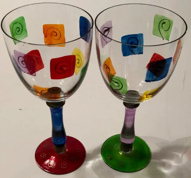 ROYAL DANUBE Set 2 Wine Water Goblets Glass Romania Vintage Hand Painted Retro A
