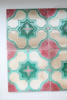 6 Pcs Old Flower Geometric Design Nouveau Art Majolica Ceramic Tile Japan NH3130 2