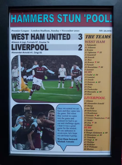 West Ham United 3 Liverpool 2 - 2021 Premier League - framed print