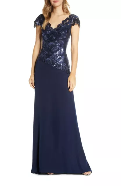 TADASHI SHOJI Royal Navy Blue Sequin Floral Embroidered ALVARO Crepe Gown 12 ~ L