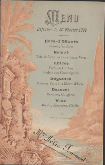 MENU ANCIEN DEJEUNER DU 20 FEVRIER 1899-BEAU JARDIN représenté (PALMIER/STATUES)