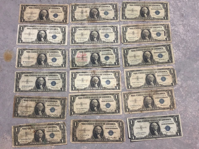 Vintage Lot of 18 1935 And 1957 Series US $1 Blue Seal Silver Certificates