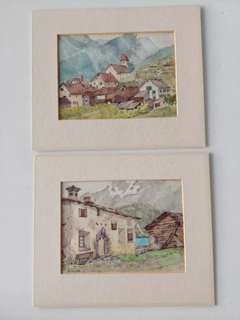 Pair of antique late 19th century watercolour paintings of Switzerland