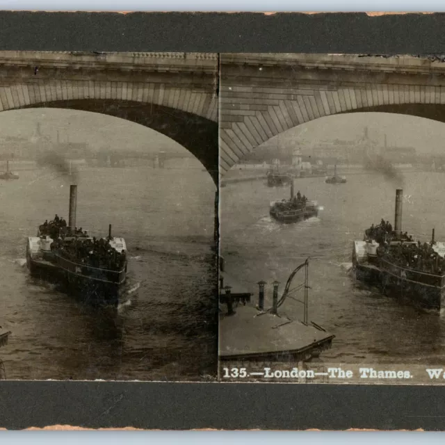 c1890s London Paddle Steamer Real Photo Steam Boat Waterloo Stereo V14