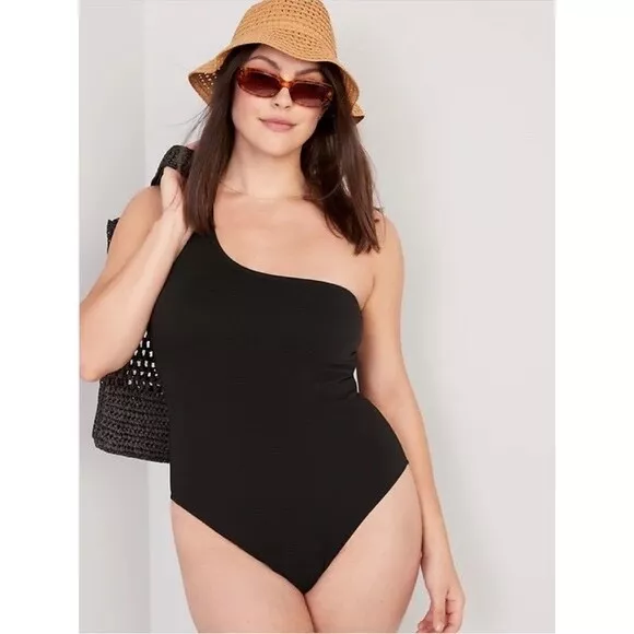 Old Navy One Shoulder Pucker Swimsuit  L Large |  Black Swim Suit #553063 NEW 3