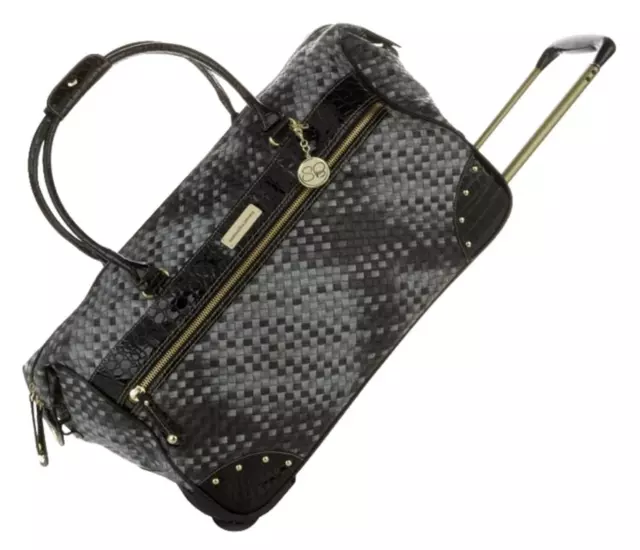 New Samantha Brown Rolling Embossed Wheeled Weekender Basketweave Black Grey