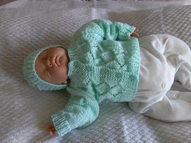 New.Hand Knitted. Baby Girls/Boys Cardigan & Hat. 0-3 Months Turquoise