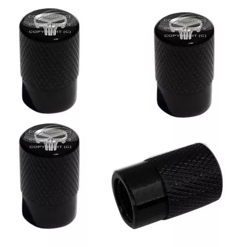 4 Black Billet Knurled Tire Wheel Valve Caps Car Truck PUNISH METAL SKULL BK