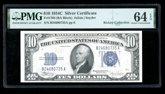 DBR 1934-C $10 Silver  Fr. 1704 PMG 64 EPQ Serial B24680735A