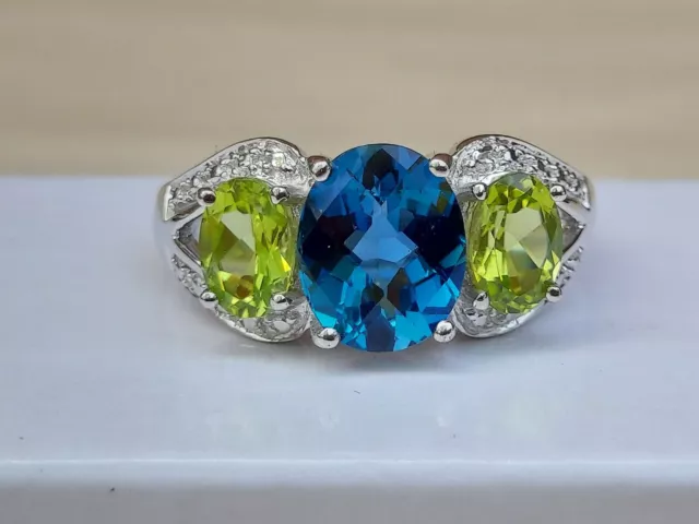 Fine Estate 925 Sterling Silver Blue Topaz Green Peridot Cocktail Ring Size 10
