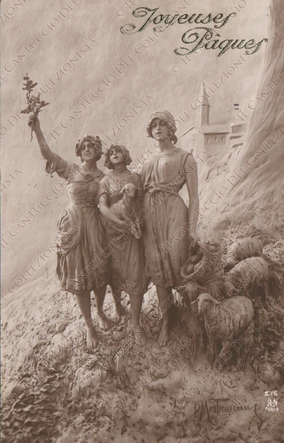 1915 Joyeuses Pâques Buona Pasqua Statue ragazze MASTROIANNI Cartolina augurale