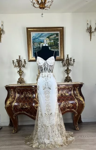 Meier Women's Glitter Sheer Corset Bodice Embroidery Sequin Prom Formal Dress