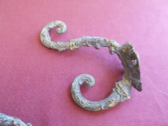 Vintage Pair Brass Coat Hat Hooks Farm House Ornate Wall Mount 2