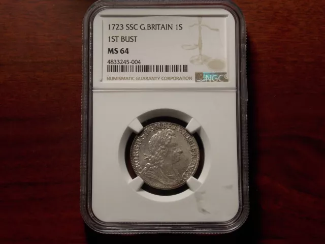 1723 SSC Great Britain Shilling silver coin NGC MS-64