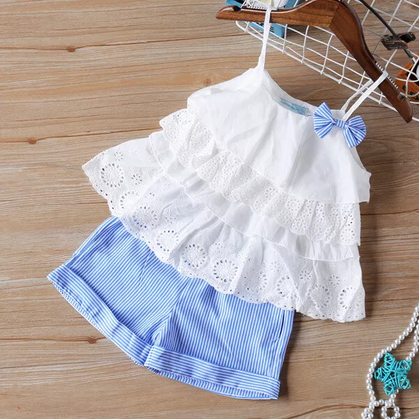 Completo Bimba bambina Maglia maniche corte pantaloni corti azzurro bianco B033