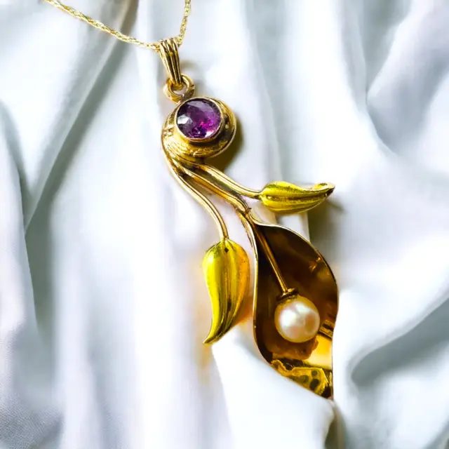 10k Gold Antique Art Nouveau Calla Lily Flower Pearl Amethyst Necklace 18" 2.7g
