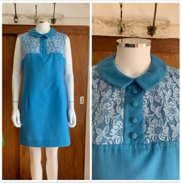 1960s Vintage Blue Collared Sleeveless Mod Dress Uk 12-14 Lace