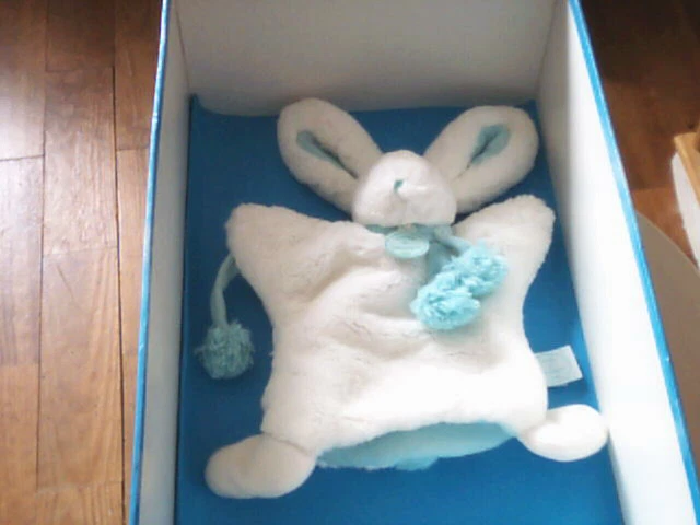 Doudou 5150 / Marionnette Lapin Pompon "Doudou Et Cie" Blanc/Bleu/Vert Amande