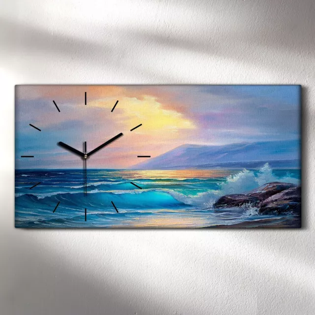 Horloge murale sur toile 60x30 peinture côte océan mer vagues ciel nuages