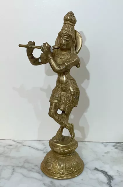 Vintage Indian Hindu Solid Brass Statue Of Krishna Playing A Musical Instrument
