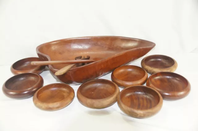 Huge Monkey Pod or Teak Salad Set 11 Pc Set Leaf Shape MCM Mid Century