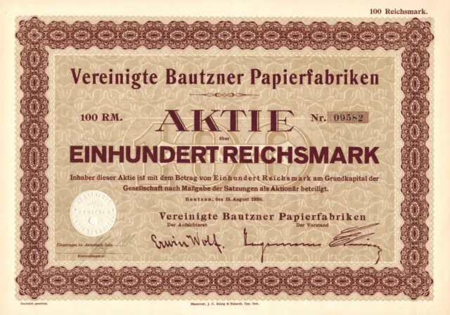 Bautzner Papierfabriken AG - Bautzen 1928 - Einzige Reichsmark RM Emission -