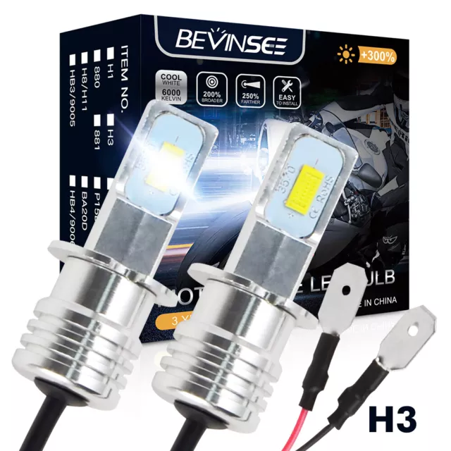 Bevinsee 2x H3 LED Motorcycle Headlights Bulbs Single Beam Foglight 6500K Bright