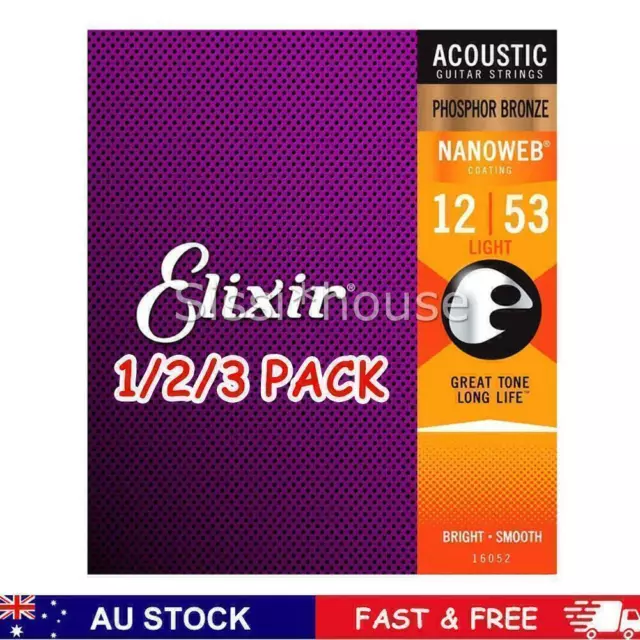 For Elixir Acoustic 16052 Guitar Strings Nanoweb Phosphor Bronze 12-53 Light A