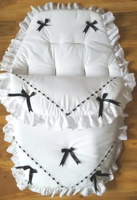 Baby's Cosy Toes / Footmuff 3-in-1 in WHITE with BLACK AND LARGE BLACK BOWS