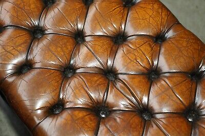 Vintage Fully Restored Chesterfield Hand Dyed Brown Leather Tufted Footstool 11
