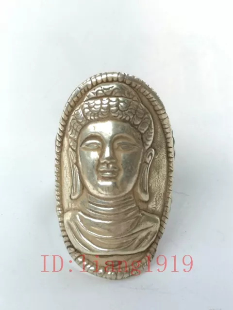 Old Collection Chinese Tibet Silver Handmade Buddha Statue Ring Ornament Gift