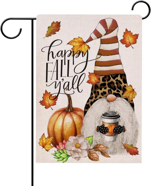 Happy Fall Y'All Pumpkin Leopard Striped Gnome Garden Flag Double Sided, Mapl...