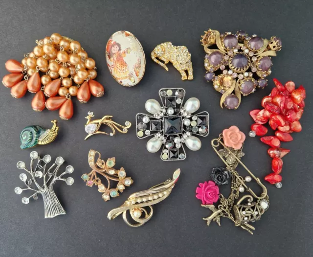 Vintage Brooches Pins Jewellery Job Lot Rhinestone Enamel Mixed