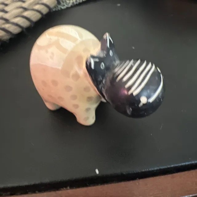 Hand Carved Hippo Soapstone  Figurine -Earthtones/Black and White accent- Kenya