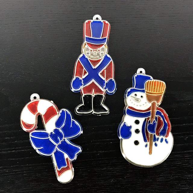 Vintage Stain Glass Suncatcher Christmas Ornaments Candy Cane Snowman Set Of 3