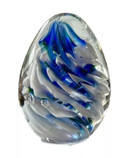Vintage Art Glass Paperweight Egg Dome Iridescent Blue White Spirals Hot Blown