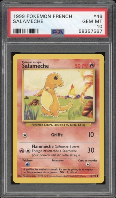 1999 Pokemon FRENCH Unlimited Base Set Salamèche-Charmander 46/102 PSA 10 GEM 2