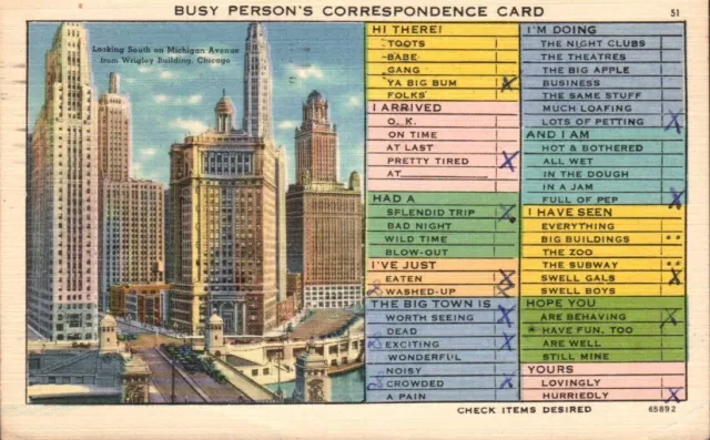 Postcard-Busy Person's Correspondence Card Marked and Posted 1958  Chicago  2147