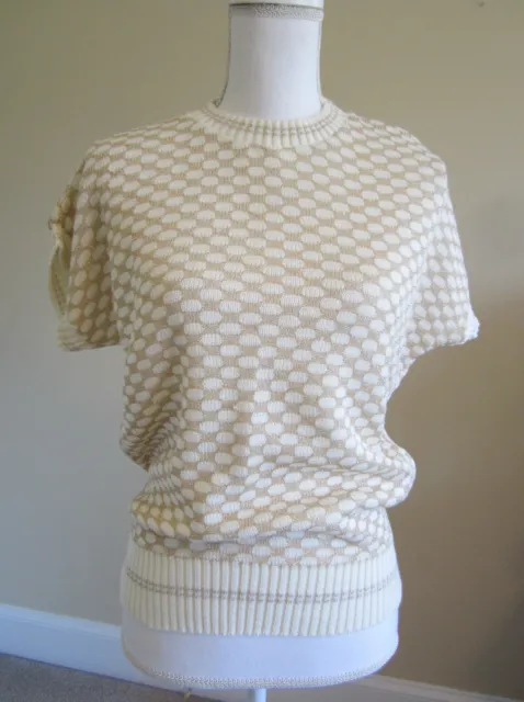 Vtg 80's Mock Neck White/Gold Shiny Short Sleeve Knit Sweater Womens Sz S