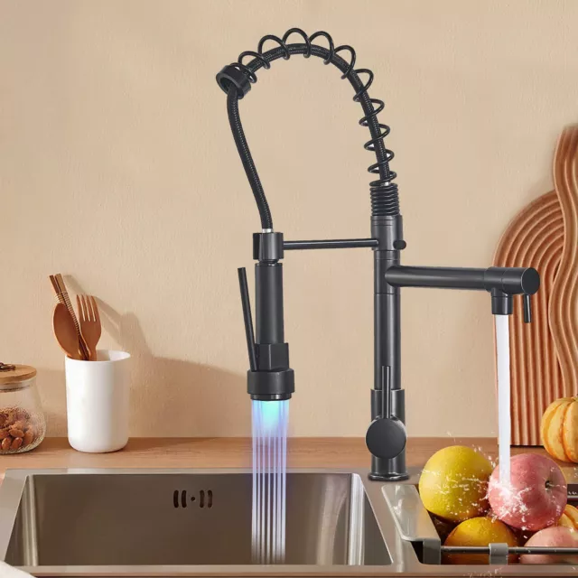 Black LED Kitchen Mixer Taps Pull Out Sprayer Head Single Lever Mono Sink Faucet