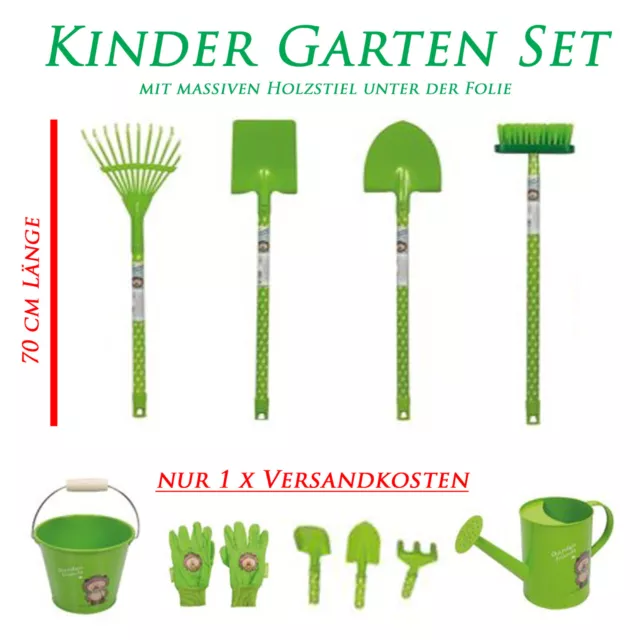 Kinder Garten Set Spaten Schaufel Rechen Gießkanne Eimer Handschuhe Holz Metall